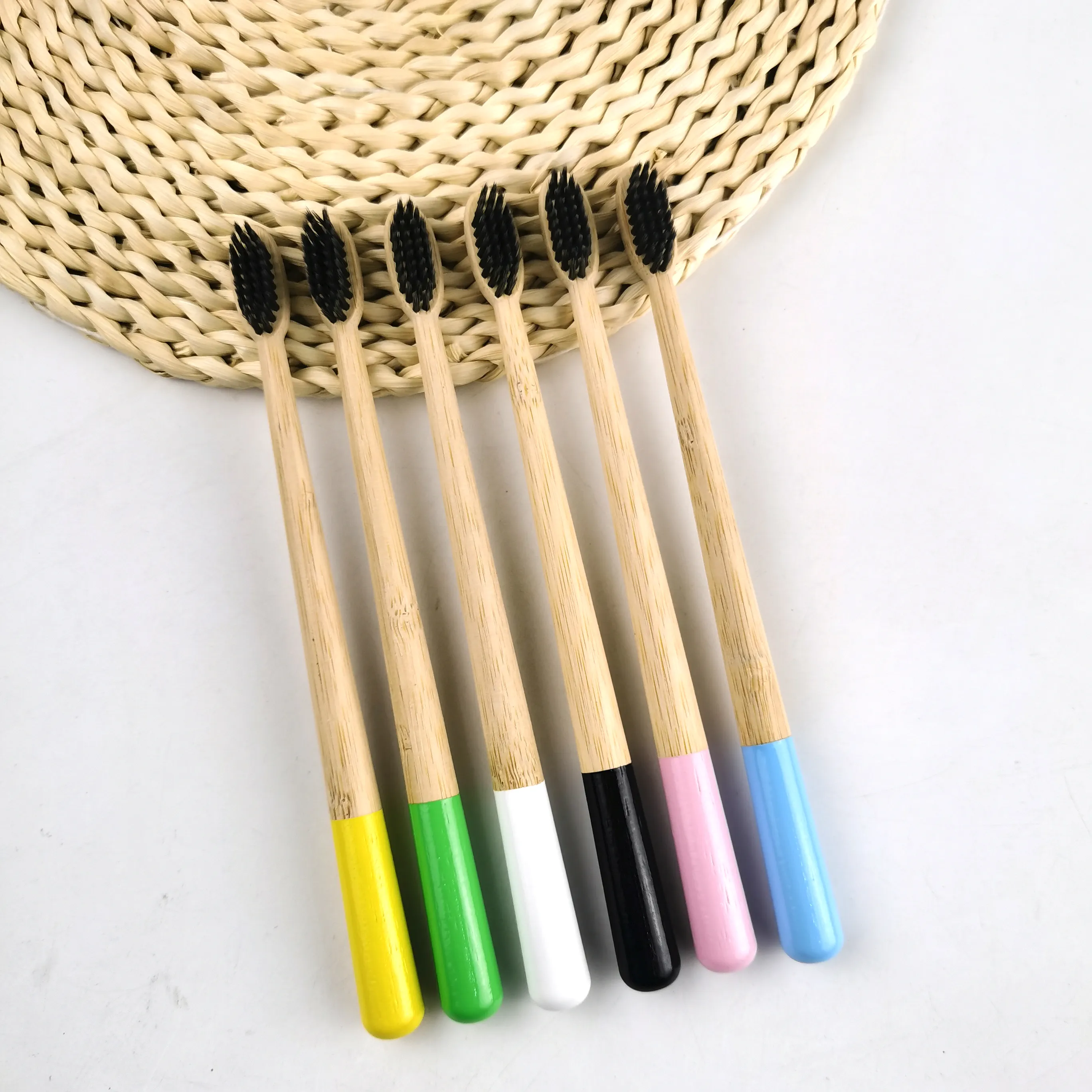 blue white red color bamboo toothbrush