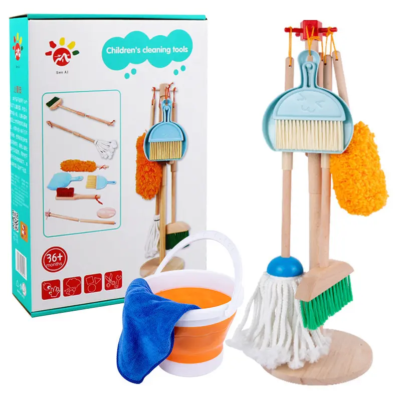 Preschool kids pretend to play wooden household cleaning tool play set toys