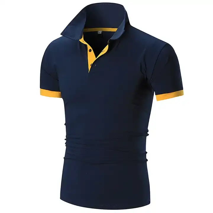 Polo azul marino con cuello en contraste para hombre, elegante ribete amarillo para ropa informal y de oficina, Polo azul marino con cuello en contraste para hombre