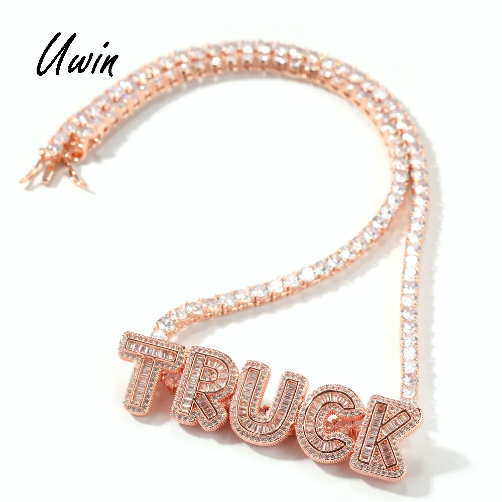 Collier Hip Hop glacé pour femmes, petite Baguette rose avec pendentif à lettres, chaîne en forme de Tennis, bijoux personnalisés