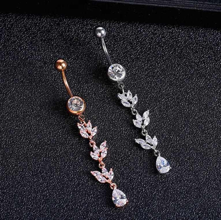 New Leaf Design Surgical Stainless Steel Custom belly button ring navel dangle With Zircone Gems Best Price Navel Piercing
