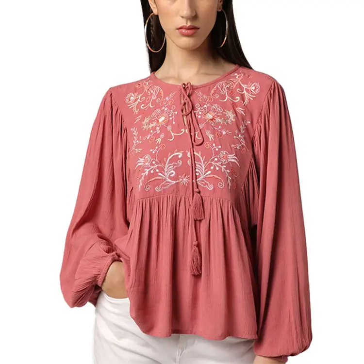 Blusa de crepe de viscose relaxada feminina blusa bordada floral com borla