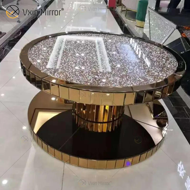 モダンな高級ガラストップラウンドダイヤモンドミラーコーヒーテーブル卸売ホームリビングルーム木製クラッシュダイヤモンドゴールドコーヒーテーブル