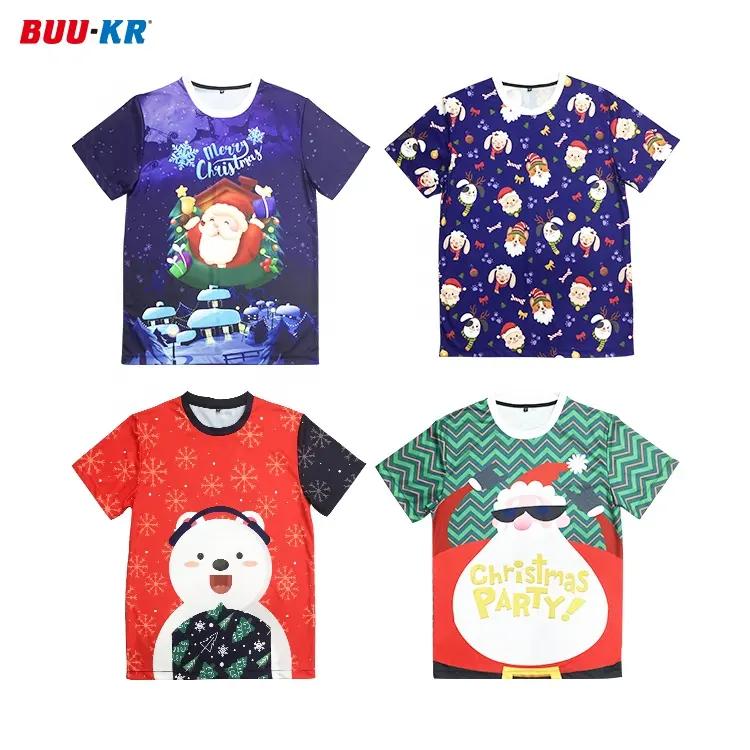 Buker 크리스마스 디자인 폴리 에스터 T 셔츠 승화 인쇄 반팔 패션 T 셔츠