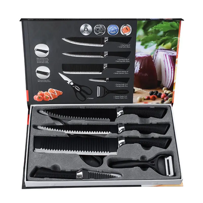 Conjunto de facas de cozinha com lâmina de aço inoxidável, 6 peças, preto, antiaderente, revestido, caixa de cor