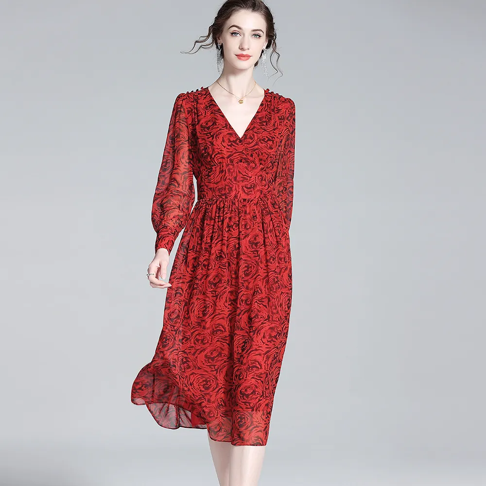 Rosa impresión vestidos rojos mujer señora elegante 6A vestido de seda de morera mujeres cuello en V mujeres Vestido de manga larga
