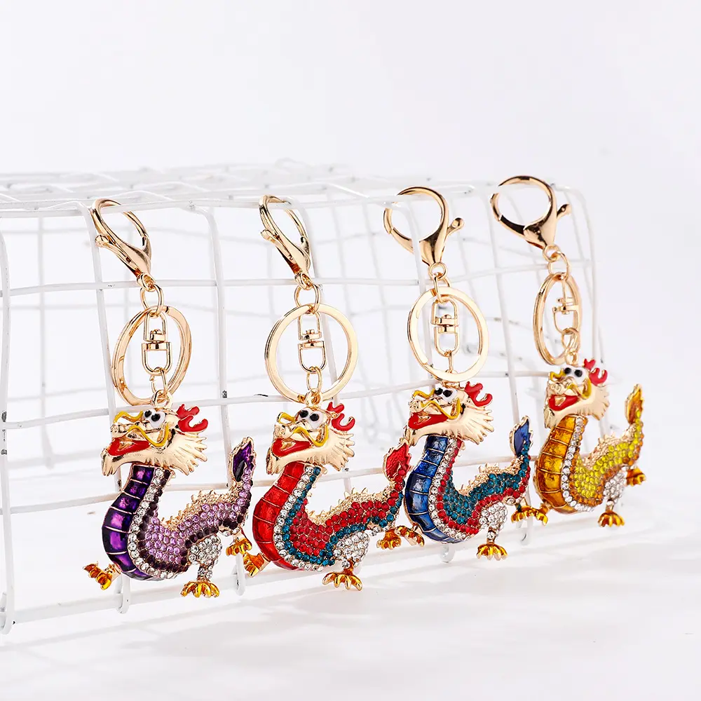 2024 Trung Quốc hot khuyến mại Quà Tặng Keychain Rhinestone đồng xu kim loại Rồng Keychain kim cương móc chìa khóa quyến rũ phụ kiện xe hơi