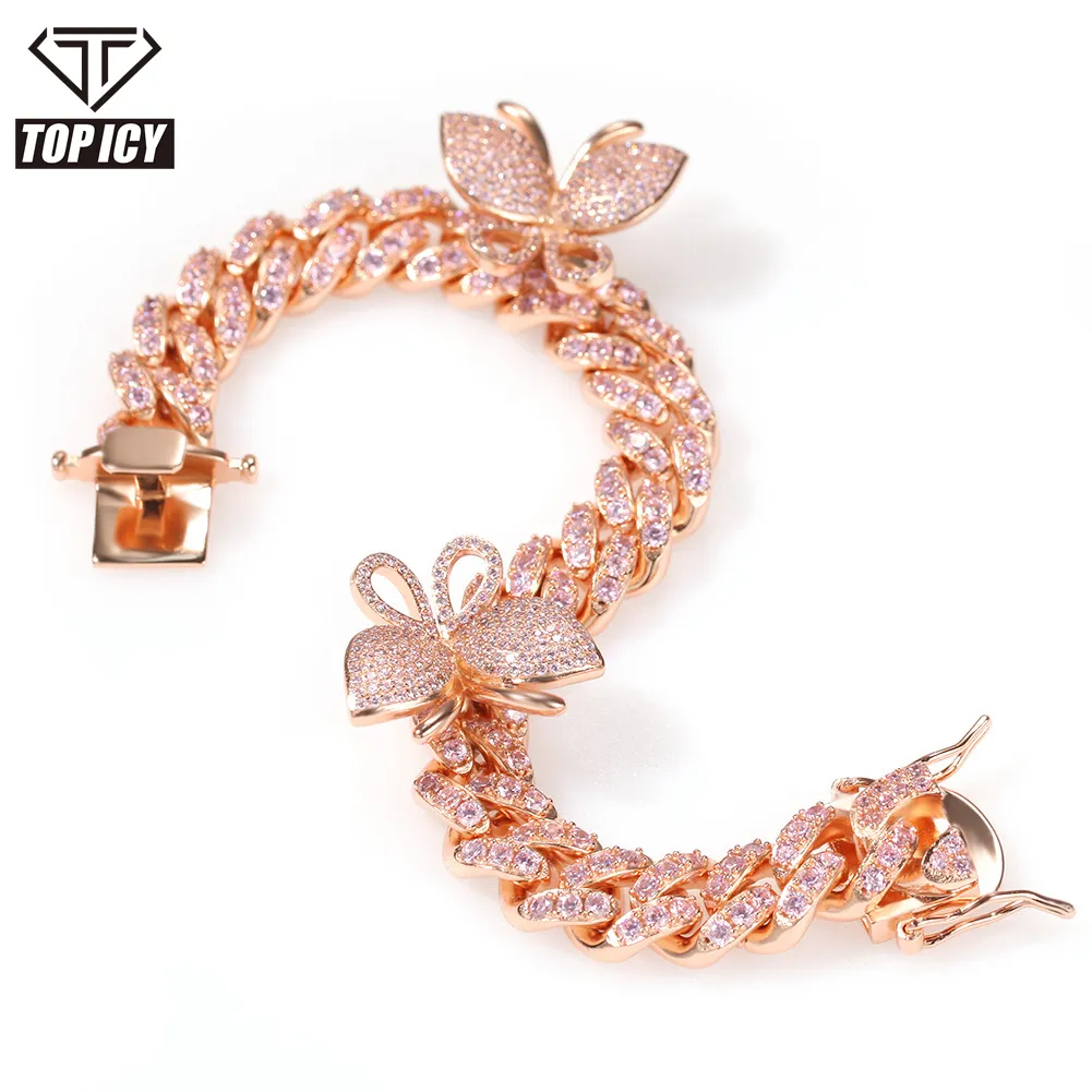 Nieuwe Ontwerp Zomer Sterling Zilveren Vlinder Iced Out Hip Hop Shiny Chunky Rose Gouden Armband Armband Cubaanse Ketting