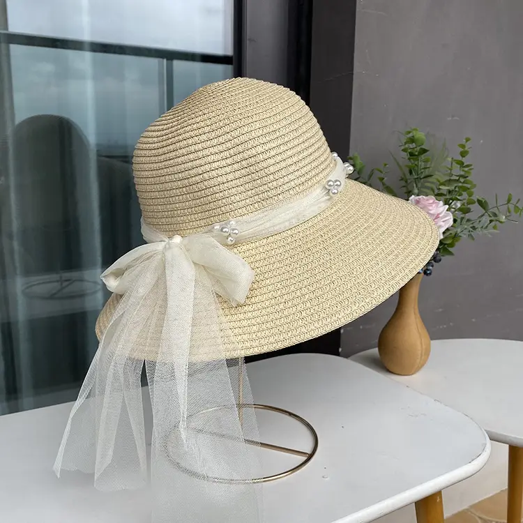 צרפתי מתוק ילדה חרוזים תחרה קשת כובע קש נשי קיץ חוף חוף כובע הגנה מפני השמש