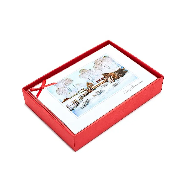 Impresión personalizada de tarjetas de purpurina con cinta Quiet Valley Holiday tarjetas de felicitación, Feliz Navidad rojo 500 cajas gratis por primera vez