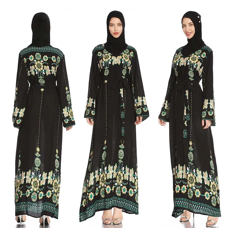 2021การออกแบบใหม่สีดำมุสลิมผู้หญิงเสื้อผ้าหลวมแขนยาวเย็บปักถักร้อย Abaya ชุด