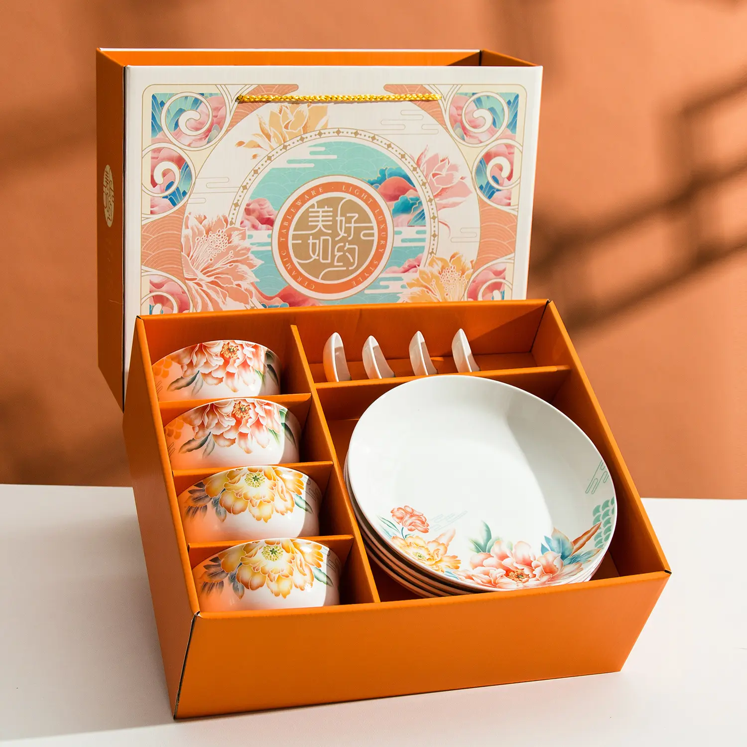 Парчовая коробка керамическая посуда, 4 миски, 4 ложки, 4 тарелки, богемная керамическая чаша, ресторанные тарелки, скандинавские свадебные подарки для гостей