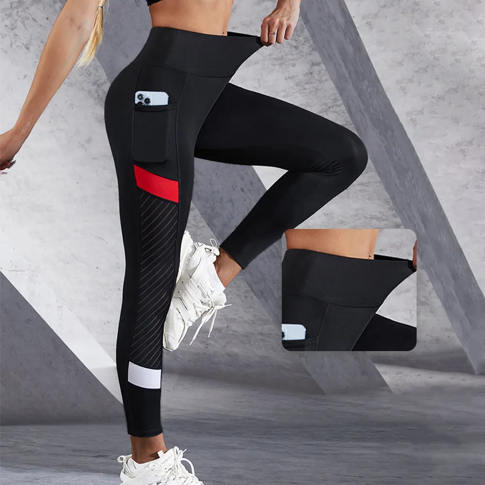 Moda al por mayor niñas logotipo personalizado rayas Leggings mujeres bolsillos cintura alta Yoga Leggings señoras negro Fitness apretado Leggings