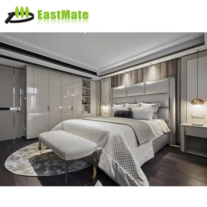 Muebles de dormitorio de hotel, muebles para el hogar, conjunto de dormitorio moderno de lujo tamaño King de madera/frabic Top High End Resort de madera 2025 5 estrellas