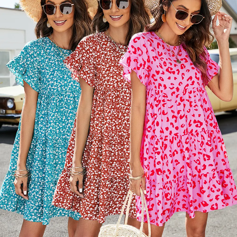Yeni moda kızlar kadın çiçek baskılı gevşek elbiseler rahat elbise Ruffles kısa kollu o-boyun Vintage A-line kısa elbise