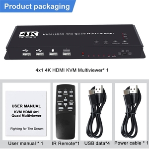 KVM HDMI 4x1多查看器开关4K HDMI KVM 4进1出无缝四路多查看器视频切割分段切换器，适用于4 PC