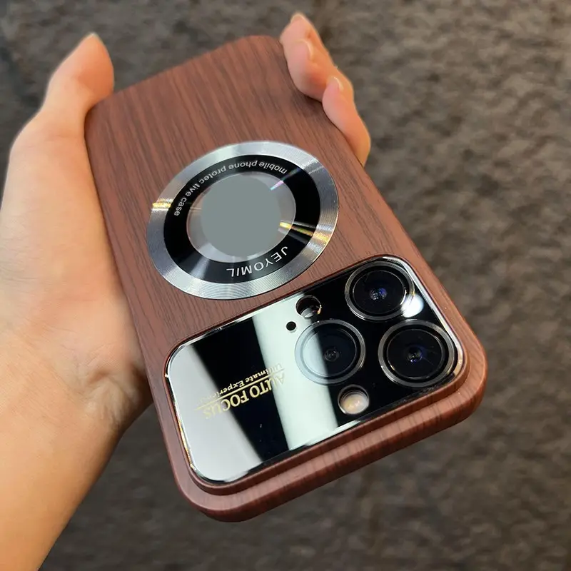 New Large Viewing Window Wood Grain magnético Phone Case Para iPhone 15 14 13 12 Pro max plus Lens Film Camera Protector PC cover