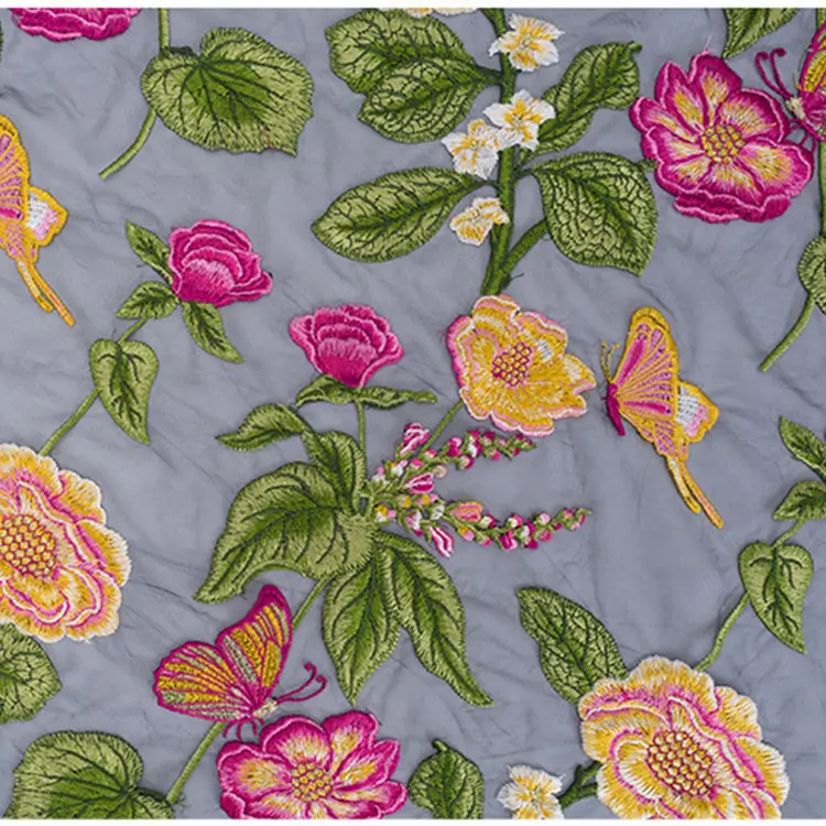 Tela bordada con patrón de flores multicolor, alta costura, India, venta al por mayor, 2020