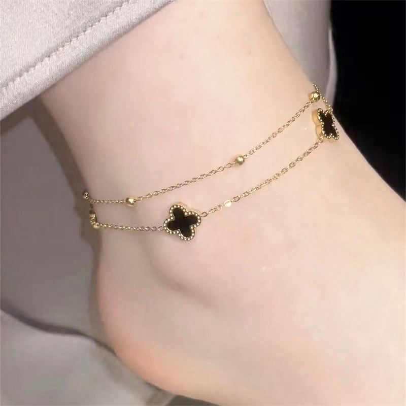6611 Gold Double Layer Clover Flower Anklet