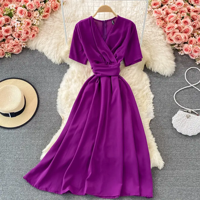 Style français a-ligne col en V robe 2022 été nouvelle couleur Pure élégante bouffée à manches courtes robe à lacets irrégulière robe à volants