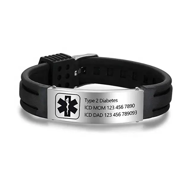 Braccialetti medici personalizzati con incisione personalizzata all'ingrosso braccialetti in Silicone con identificazione di emergenza sportiva regolabile