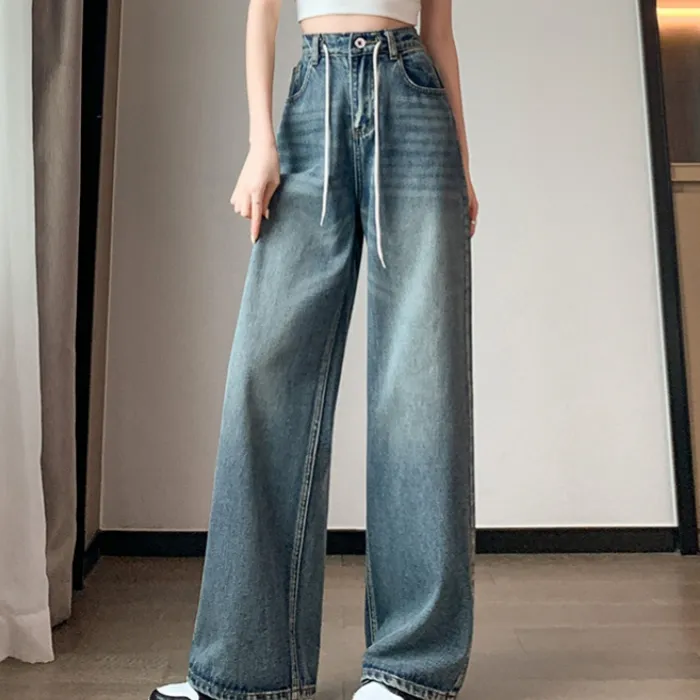 Jeans besar versi Korea wanita, celana bertali pinggang tinggi kaki lebar musim gugur