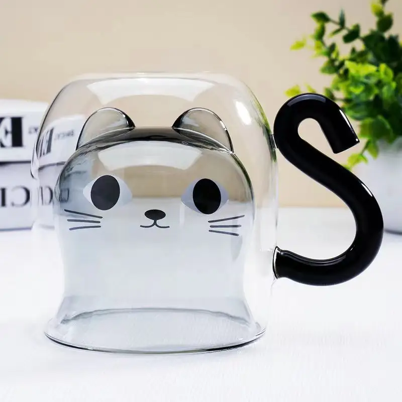 Wholesale Double Wall Glass Coffee Cup With Handle Black Cat Shape Borosilicate Glass Tea Mugs