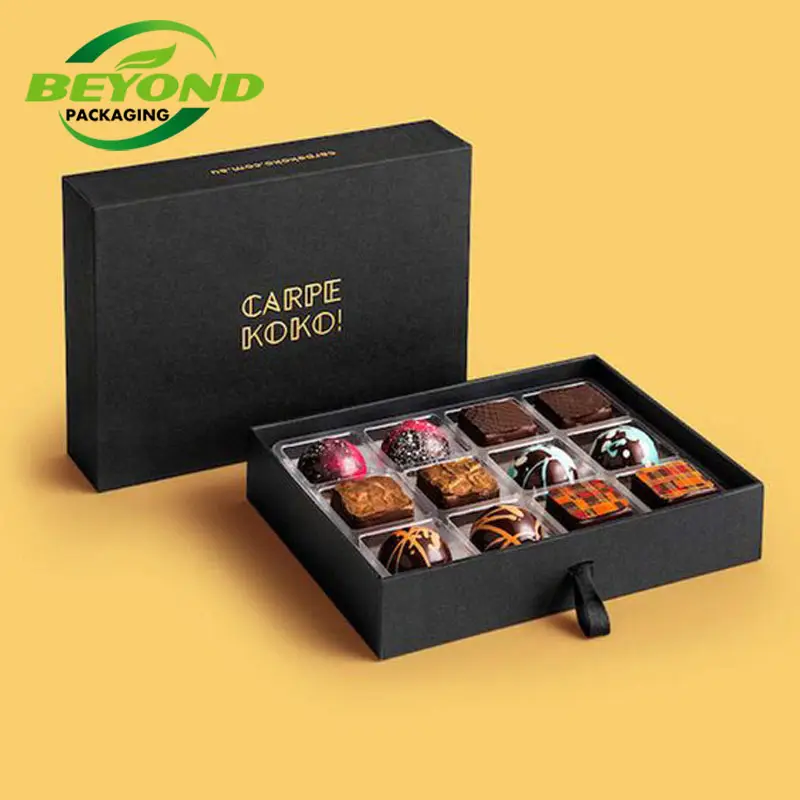 Großhandel neue kunden spezifische Pappe Luxus Schwarz gold Folie Papier Verpackung Schokoladen plätzchen Süßigkeiten Geschenk boxen