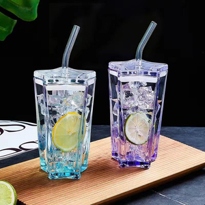 Wholesale Straw <strong>Coffee</strong> Cup Five-pointed <strong>Star</strong> Colored Glass Gradient Cup Cold Drink <strong>Coffee</strong> with Lid and Straw - Product Image 5
