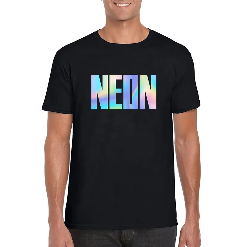 Camiseta de vinil holográfica masculina, a granel, impressão refletiva, logotipo, camiseta gráfica, algodão 100% premium, de algodão holográfico