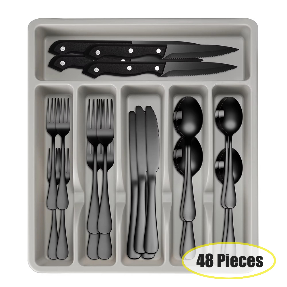 Plateau gris + ensemble de couverts noirs 48 pièces