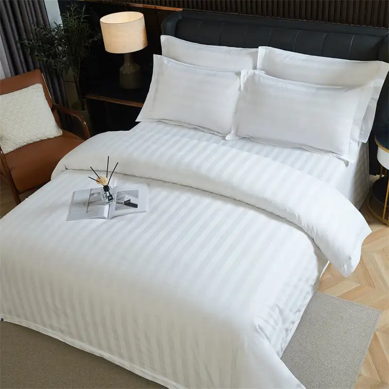 Customized single double queen king cotton stripe plain duvet cover flat sheet bedding set For Hotel Home