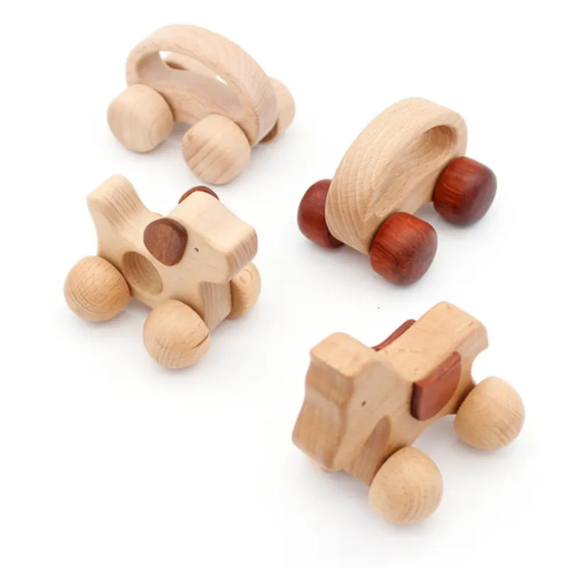 Juguetes Educativos de madera de haya orgánica, venta al por mayor, con ruedas, coche de madera en forma de Animal