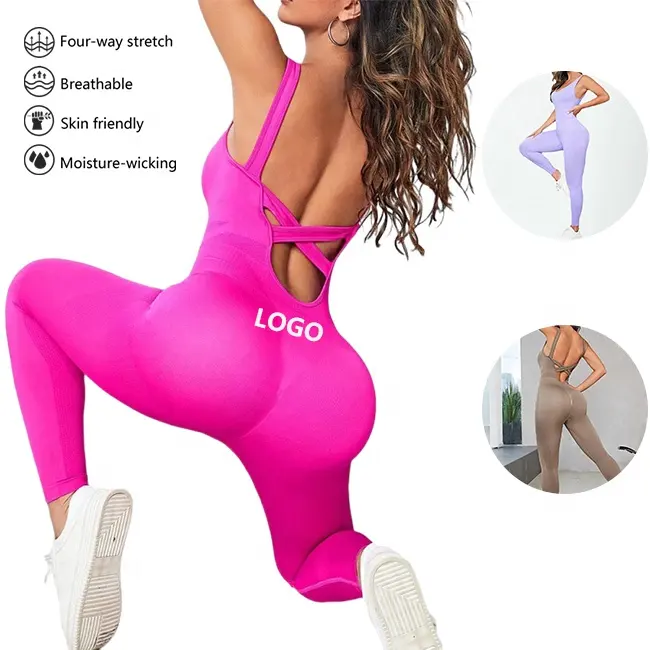 Mono sin costuras con espalda cruzada para mujer, mono de Yoga de alta elasticidad para correr, deportes, secado rápido, sin mangas, monos de gimnasio para Fitness