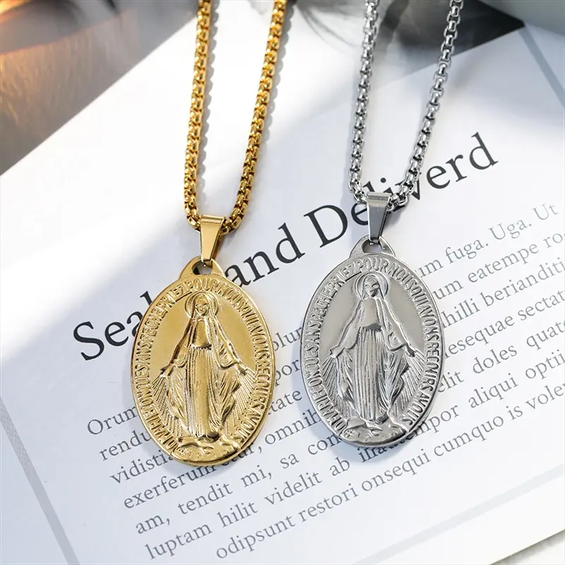 Rosário religioso de ouro de prata personalizado, joias religiosas promocionais com corrente grátis saint maria virgem miraculoso medalhas católicas