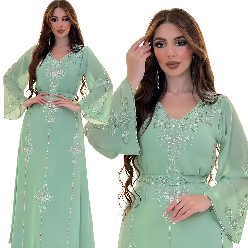 Arabie Saoudite Dubaï Mode Chaude Diamant Robe D'été En Mousseline De Soie Robe Moyen-Orient Vêtements Pour Femmes