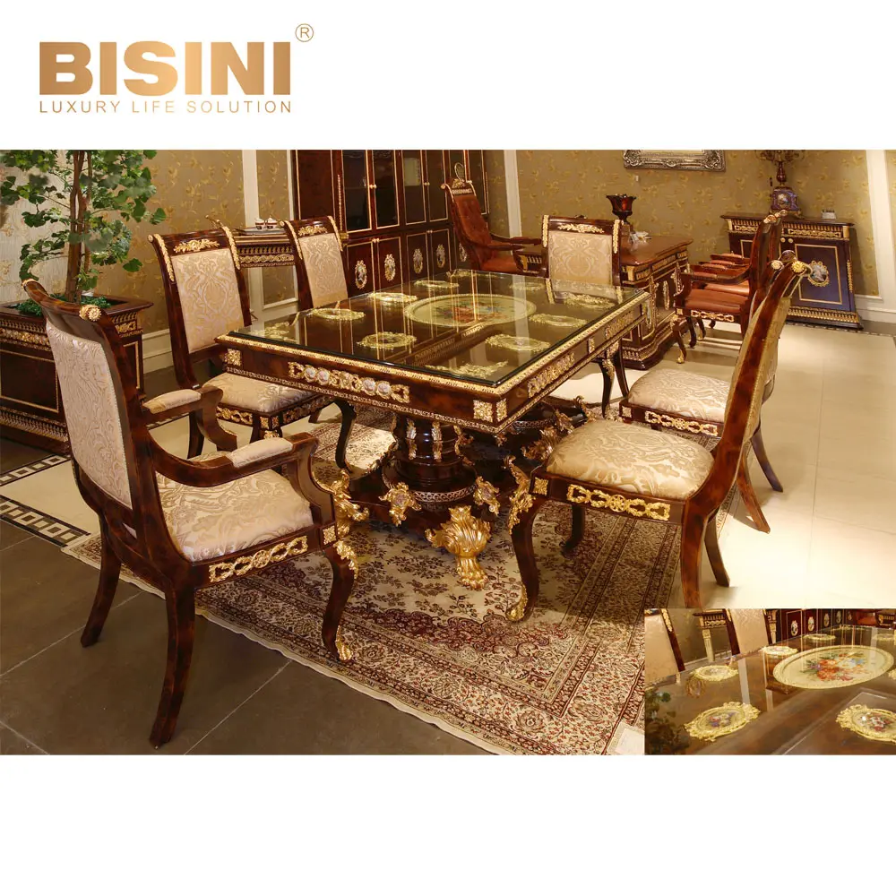 Conjunto de sala de jantar luxuoso, estilo barroco, francês, antigo, marrom, retangular, mesa de jantar com porcelana & bronze, decorativa
