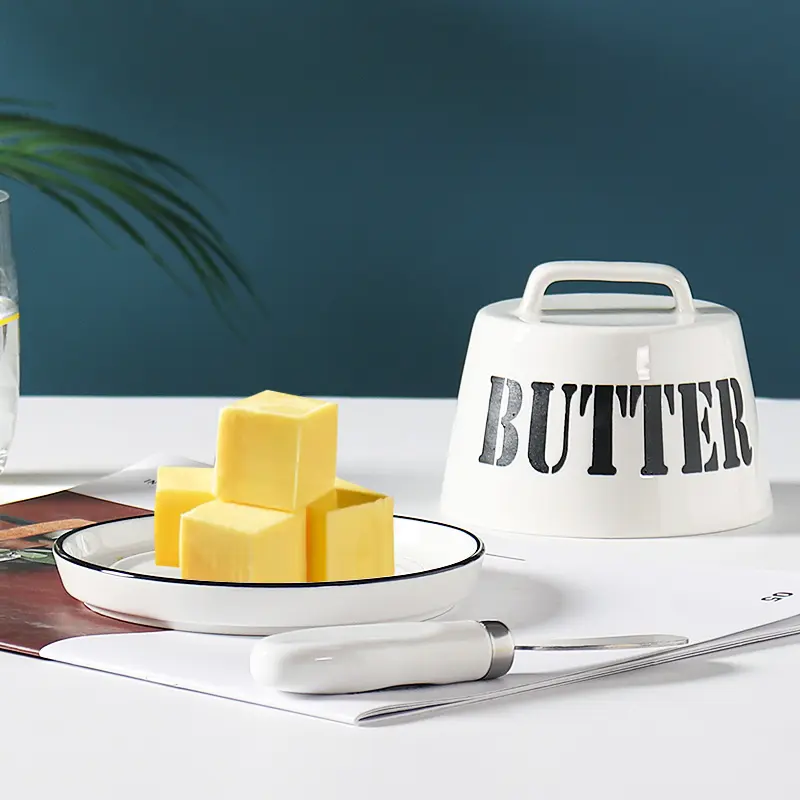 Custom Kitchenware Round Butter Keeper Cheese Container Ceramic Butter Dish with Cover