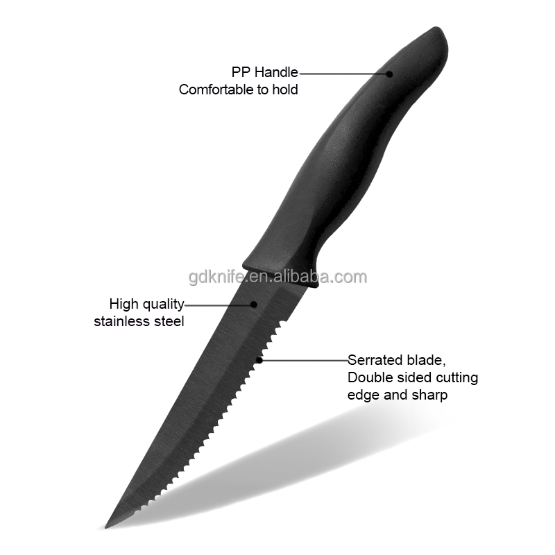 Kitchen Cutlery Dinner Knife black titanium blade stainless steel Blade Steak Knife set with PP handle