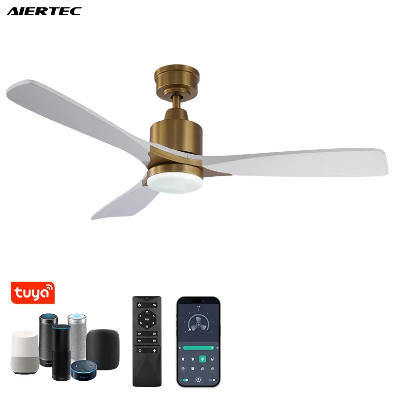 Modern 52 Inch Copper White 3 Solid Wood Blades Remote Control Led Ceiling Fans With 3 Color Dimming 1-6 Gears Speed