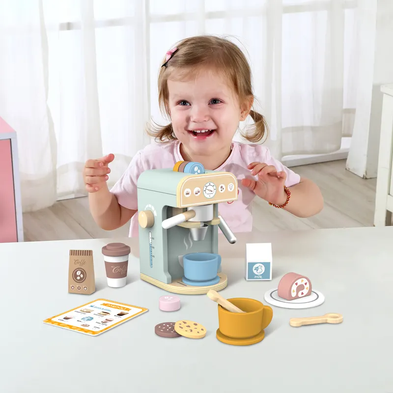 Ooden-juego de cocina para niños, máquina de café, desayuno, pan y leche