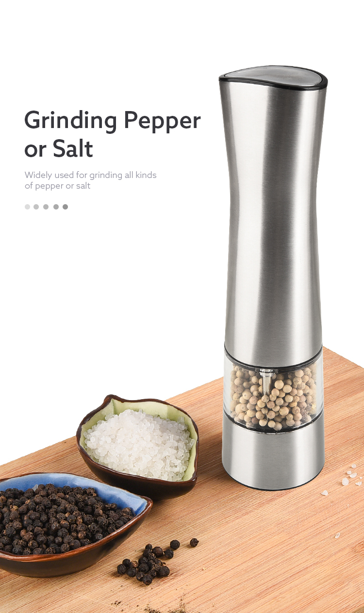 6 AAA batteries operated stainless steel electric pepper grinder salt mill with white LED light and adjuster