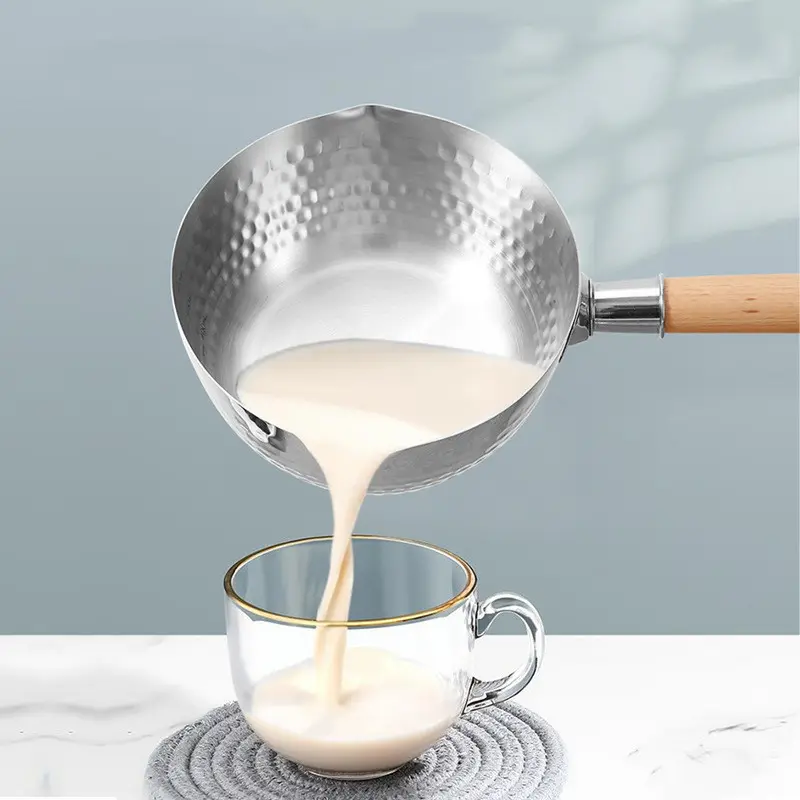 Japon yapışmaz 304 paslanmaz çelik süt ısıtma kazanı çorba tenceresi bebek yemek tavası ahşap saplı ve temperli cam kapaklı