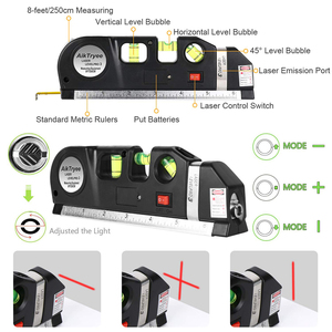 Herramienta nivelador de haz láser de línea cruzada estándar industrial Kit de nivel láser multipropósito de 8 pies/2,5 M con reglas métricas