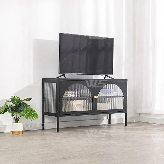 2023 ultimo modello camera da letto nera soggiorno in vetro rialzato armadietto in metallo a 2 ante KD mobile porta TV