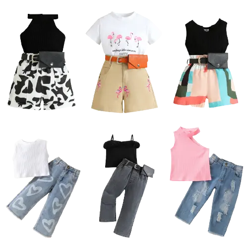 2023 estate 2-6Y abbigliamento per bambini manica corta stampa top pantaloni due pezzi moda neonata abiti Set abbigliamento per bambini all'ingrosso