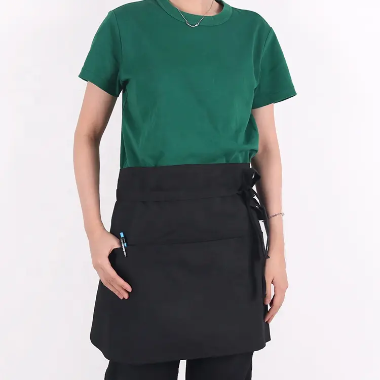 Changrong avental de cintura personalizado, avental de algodão preto com 3 bolsos