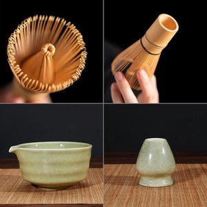 4 pcs抹茶套装渐变绿色竹制抹茶搅拌器勺碗批发日本茶具包括带喷口的抹茶碗