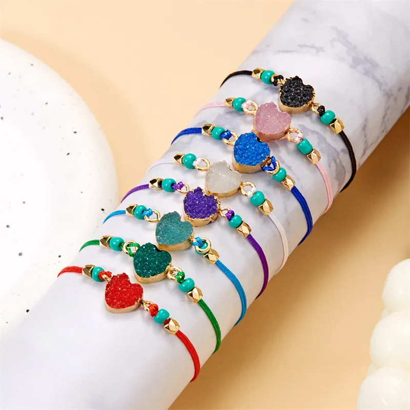 Make A Wish Handmade Wax Enamel Heart Bangle Bracelet with Card Braided Rope Chain Chrome Heart Shape Bracelet