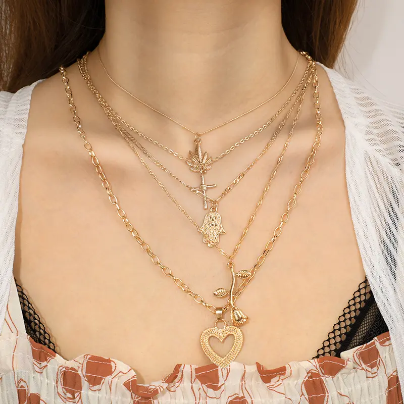 Ready to ShipIn StockFast DispatchFashion gold Layered Cross Heart Flower Necklace For Women Wholesale Popular MF0007 